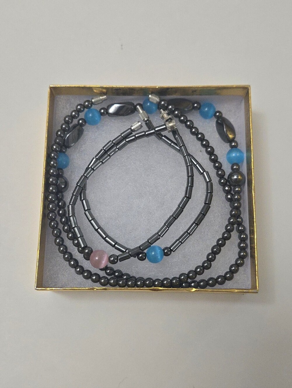 Hematite Beaded Necklace Set with Blue and Pink Accent Beads